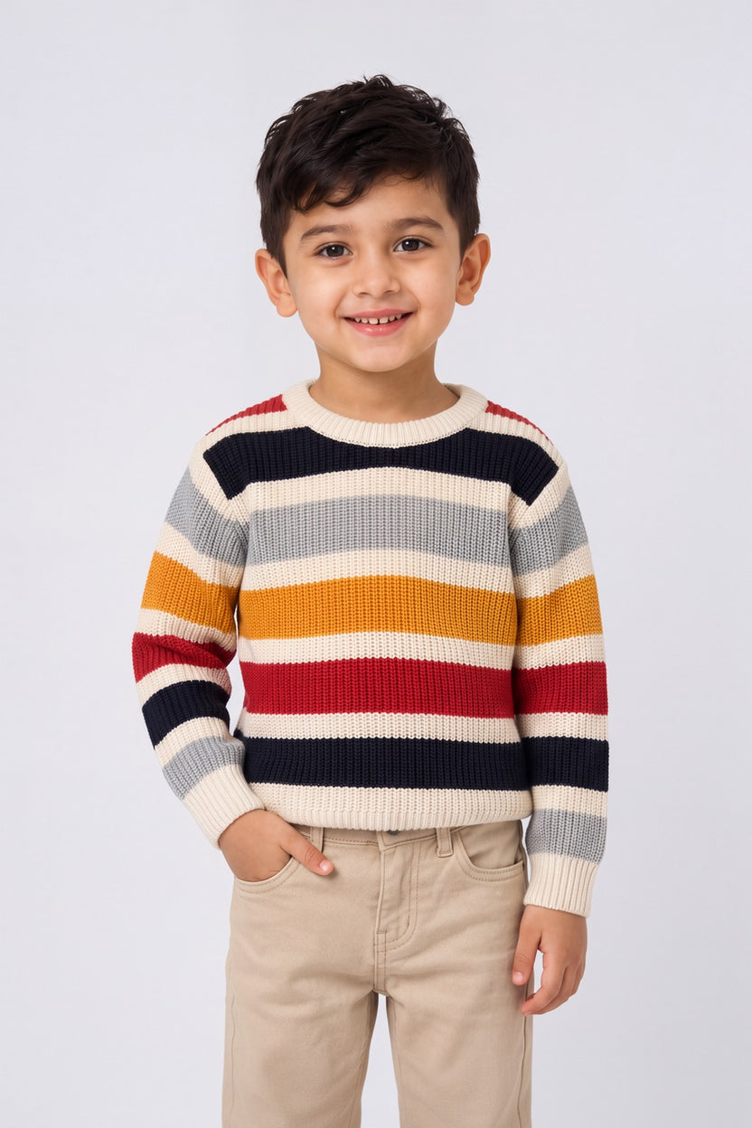 Boys Multicolor Striped Knitted Sweater - Image 1