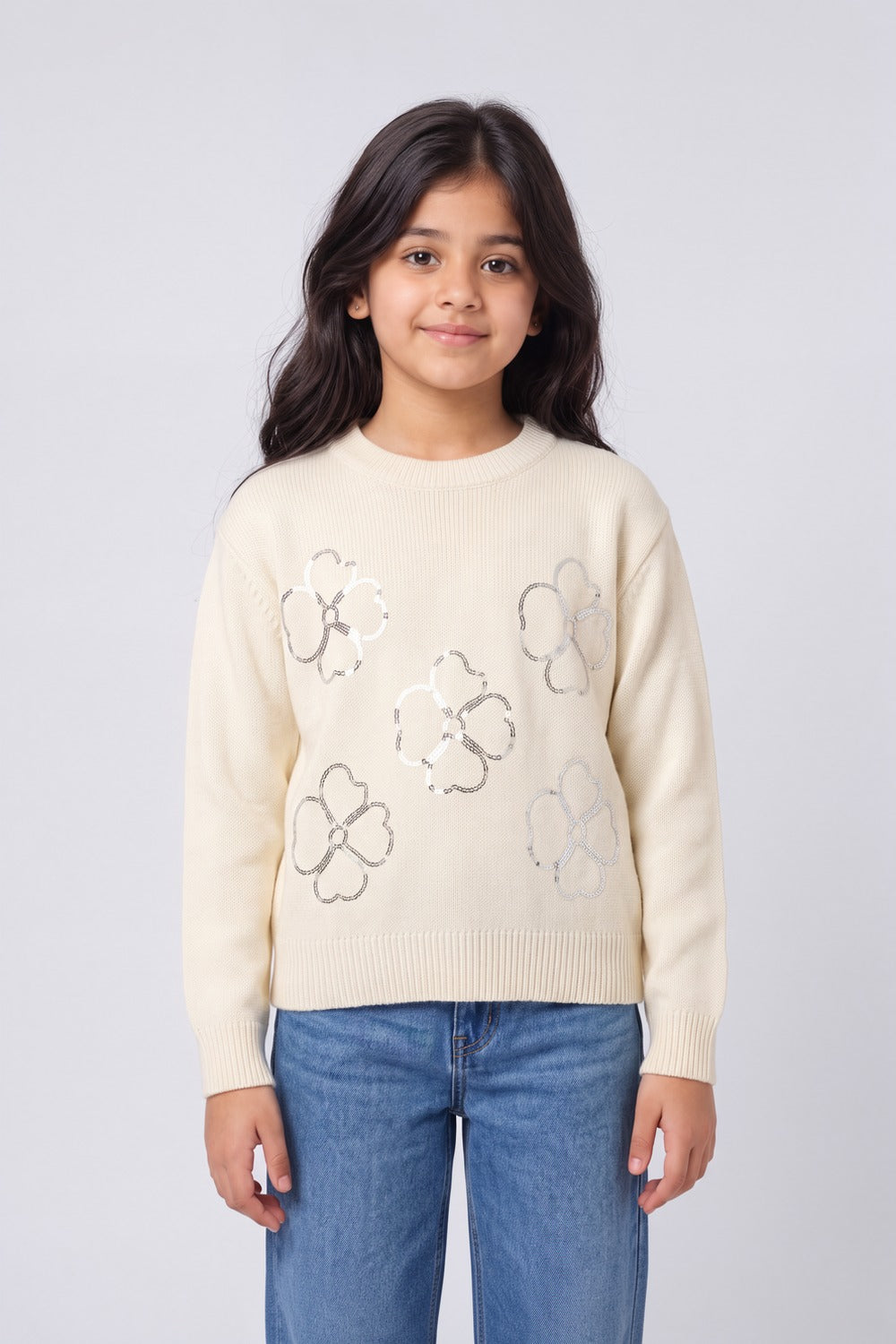 Tweens Girls Floral Embellished Knitted Sweater - Image 1