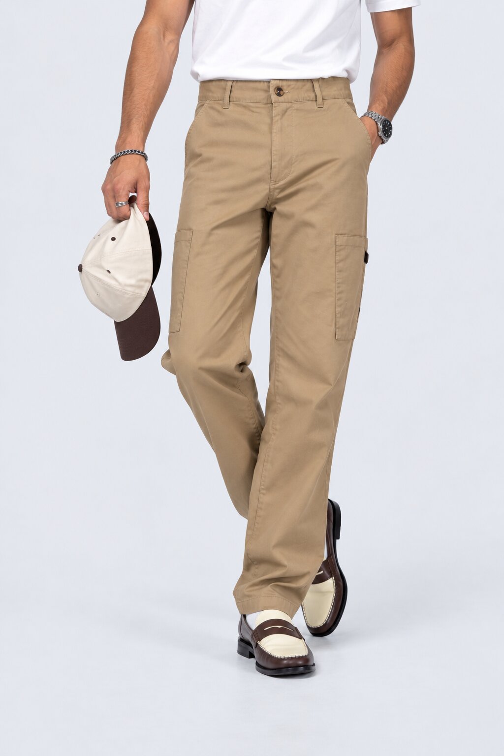Mens Cream Solid Utility Cargo Trouser - Image 1