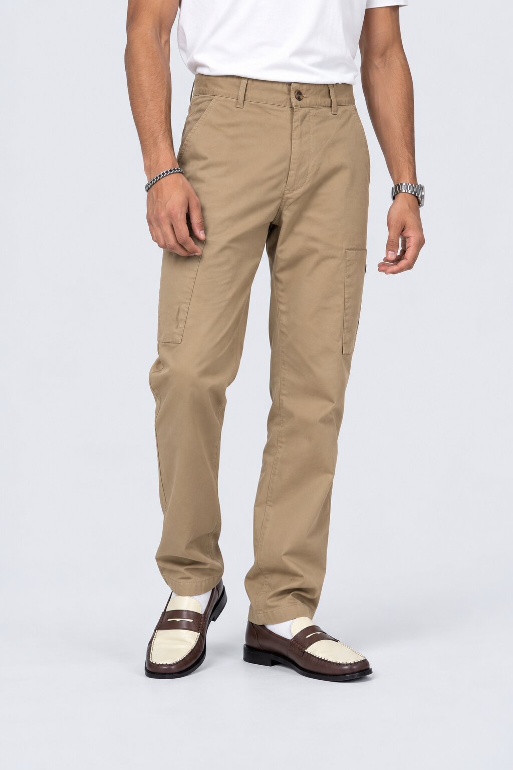Mens Cream Solid Utility Cargo Trouser - Image 2