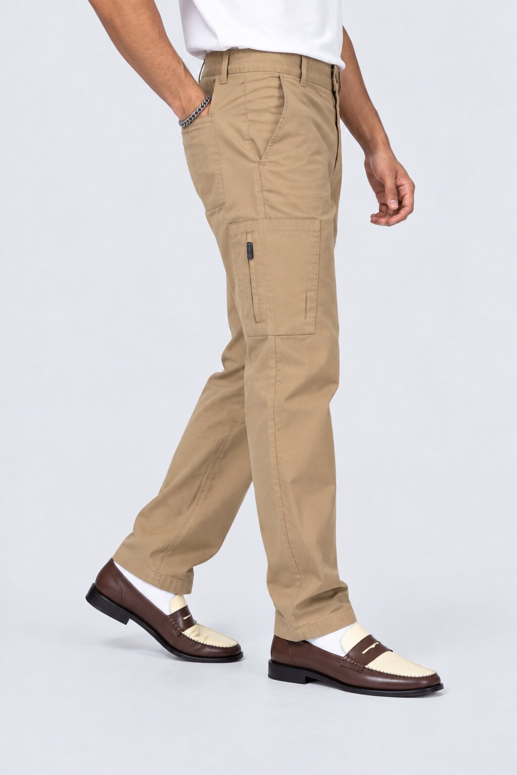 Mens Cream Solid Utility Cargo Trouser - Image 4