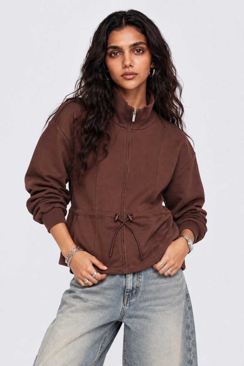 Womens Oversized Brown Drawstring Waist Jacket - Image 2