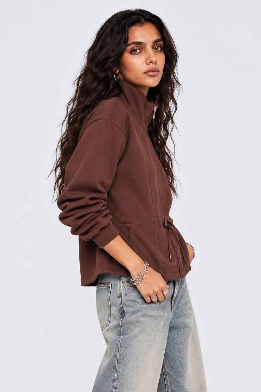 Womens Oversized Brown Drawstring Waist Jacket - Image 4