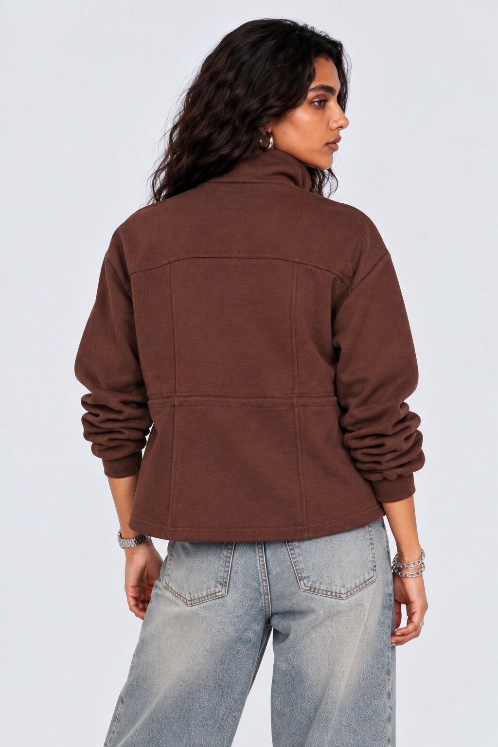 Womens Oversized Brown Drawstring Waist Jacket - Image 5