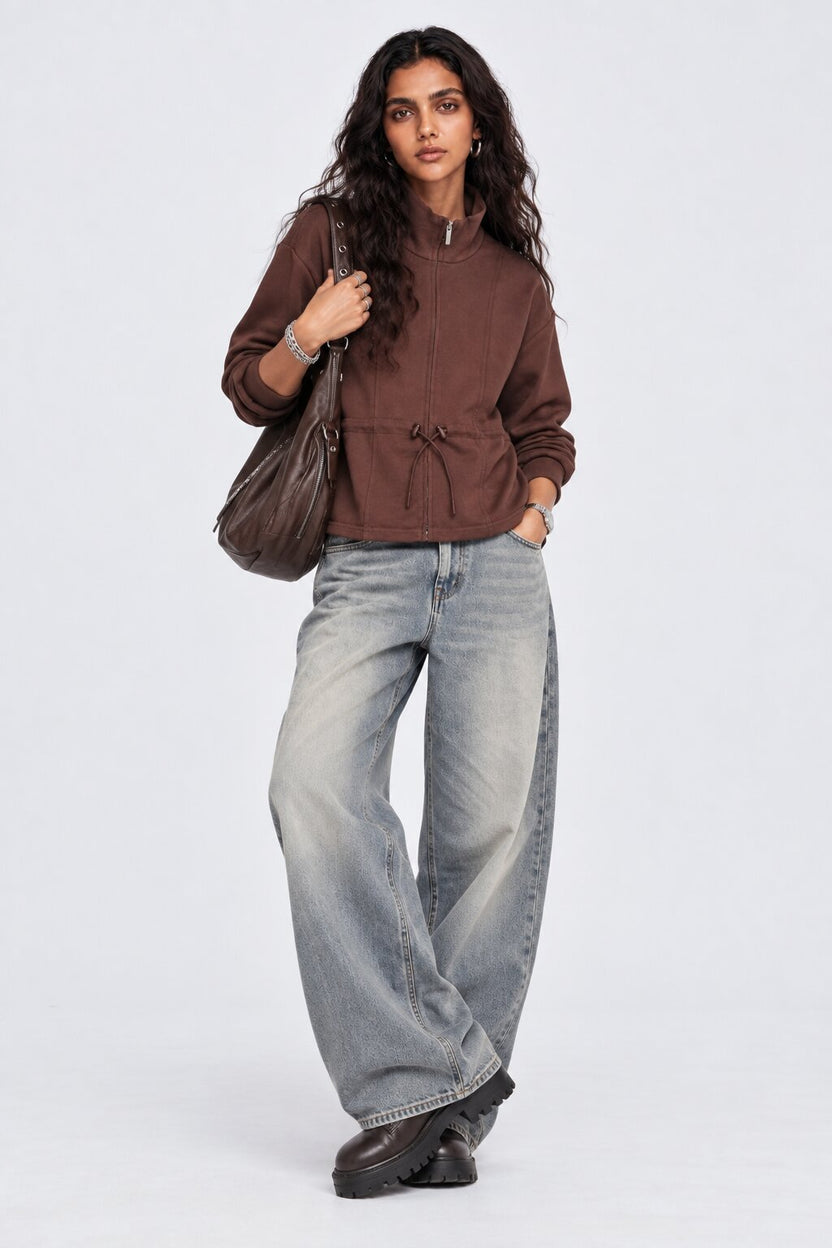 Womens Oversized Brown Drawstring Waist Jacket - Image 6