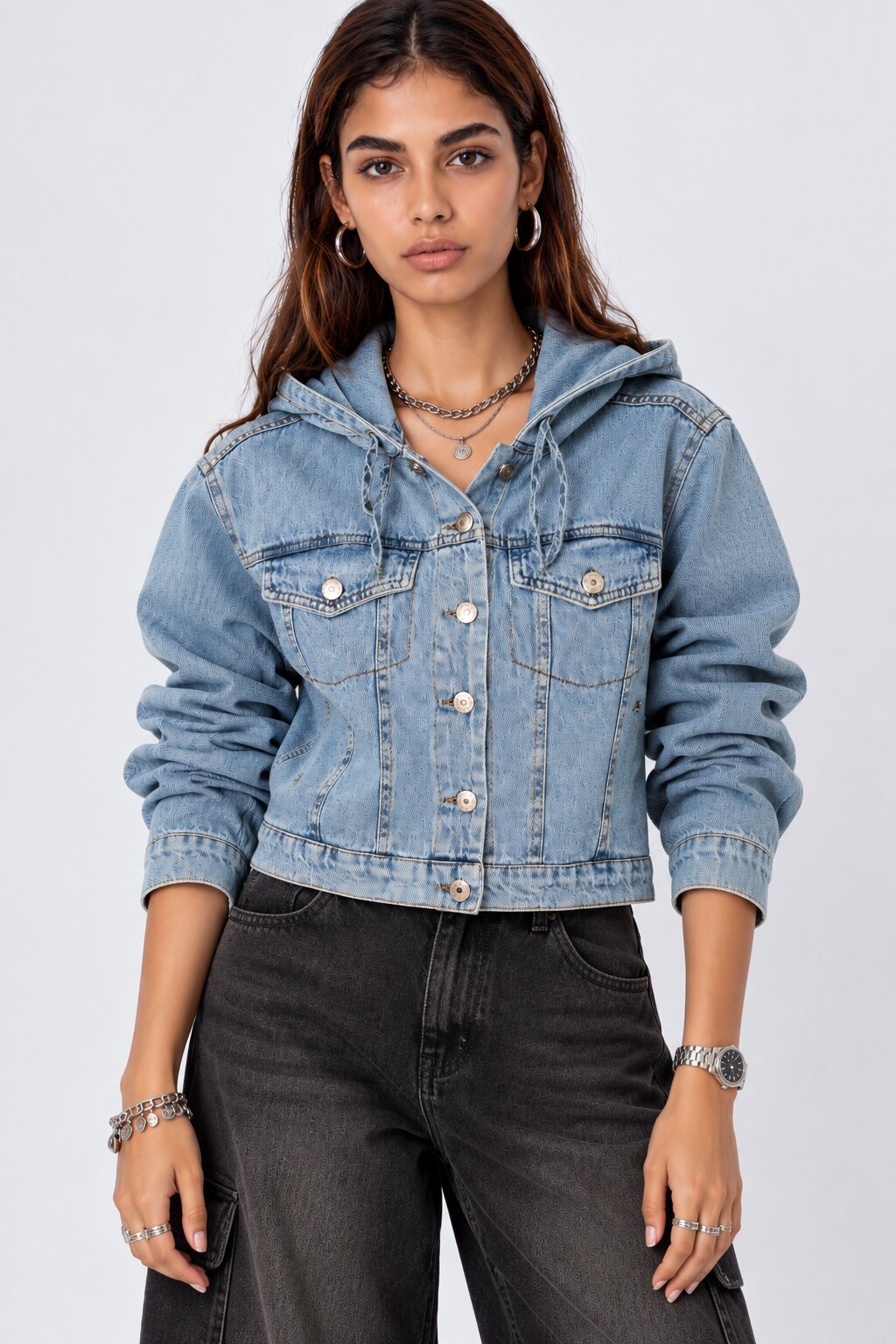 Womens Washed Hooded Denim Jacket - Image 2