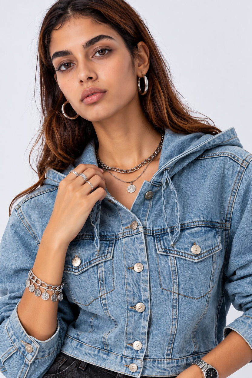 Womens Washed Hooded Denim Jacket - Image 3