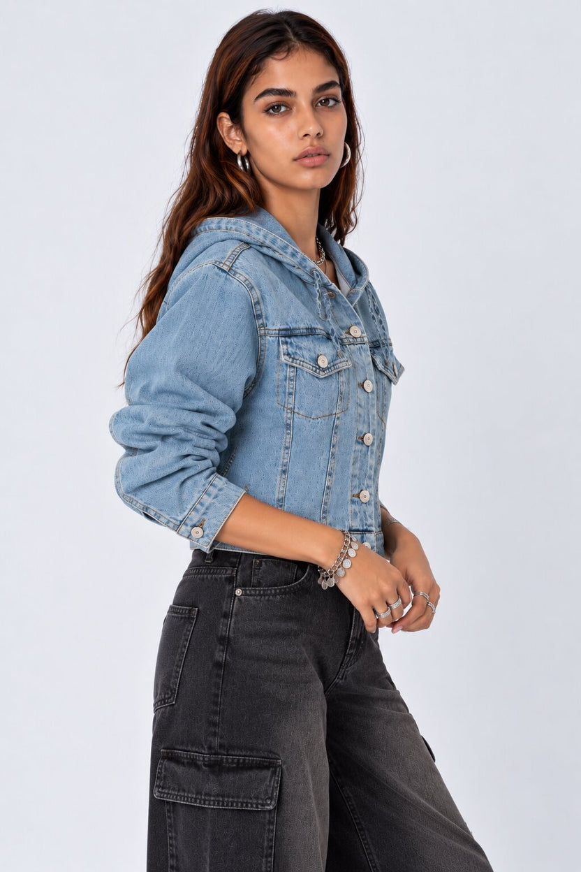 Womens Washed Hooded Denim Jacket - Image 4