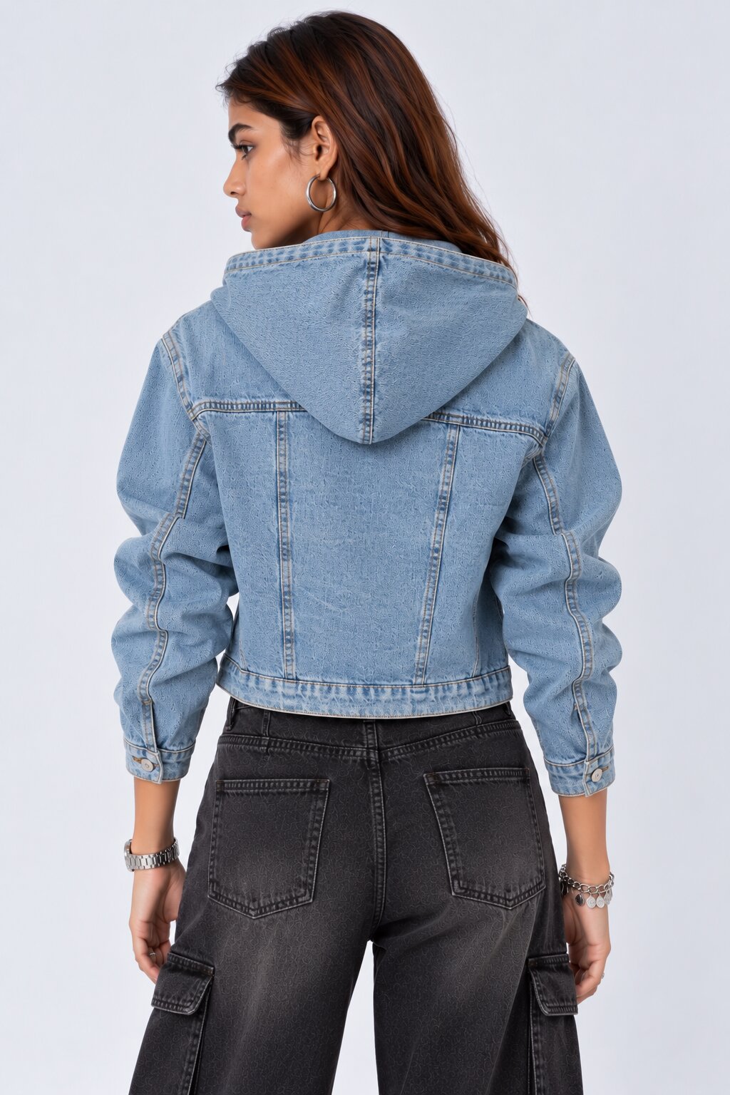 Womens Washed Hooded Denim Jacket - Image 5