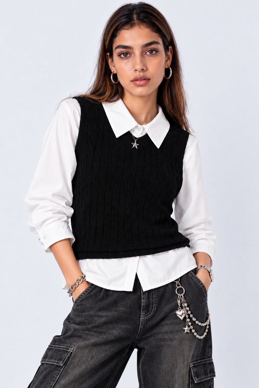 Womens Black Layered Cable Knit Shirt Vest - Image 2