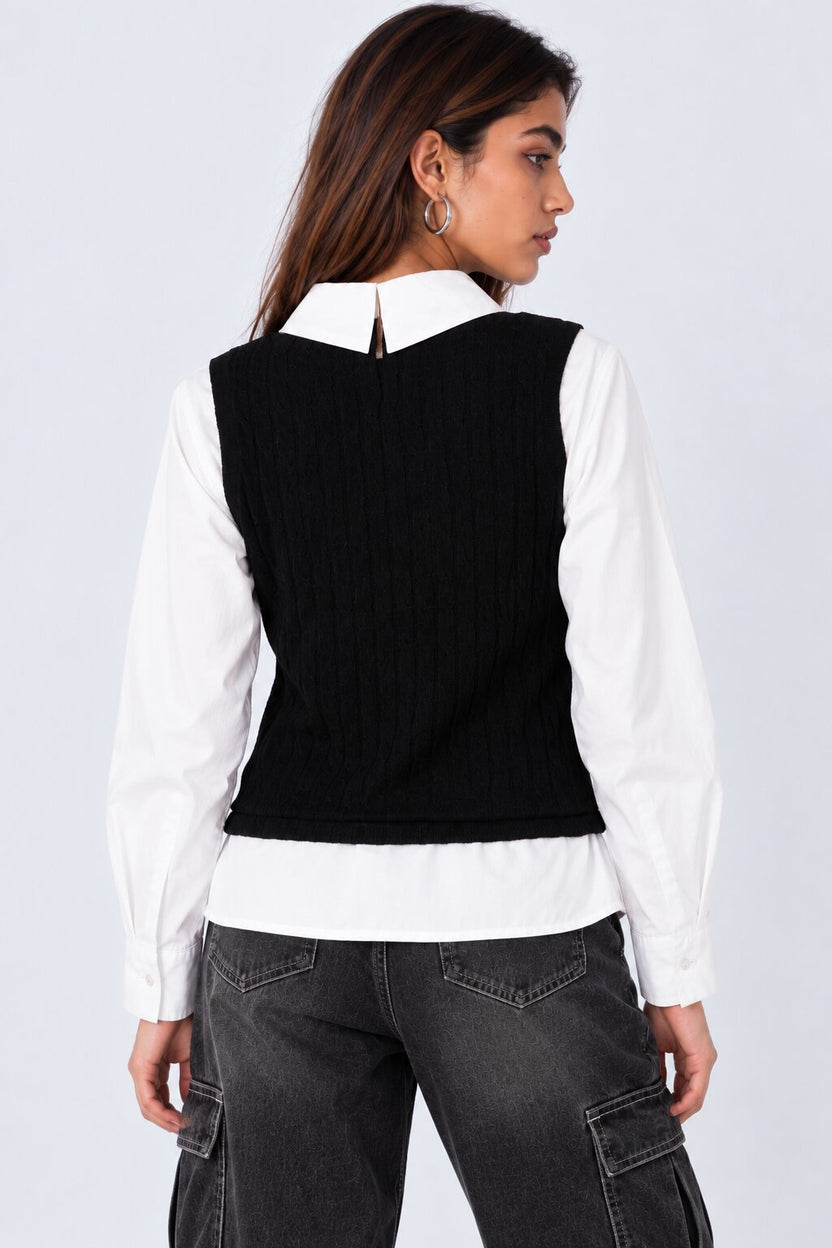 Womens Black Layered Cable Knit Shirt Vest - Image 5