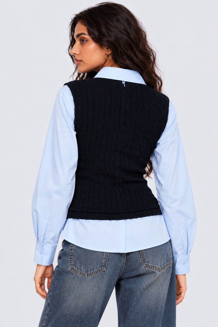 Womens Navy Layered Cable Knit Shirt Vest - Image 5