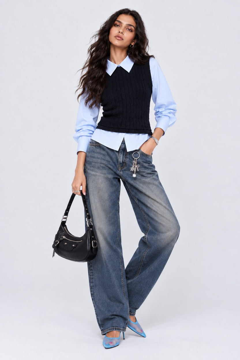 Womens Navy Layered Cable Knit Shirt Vest - Image 6