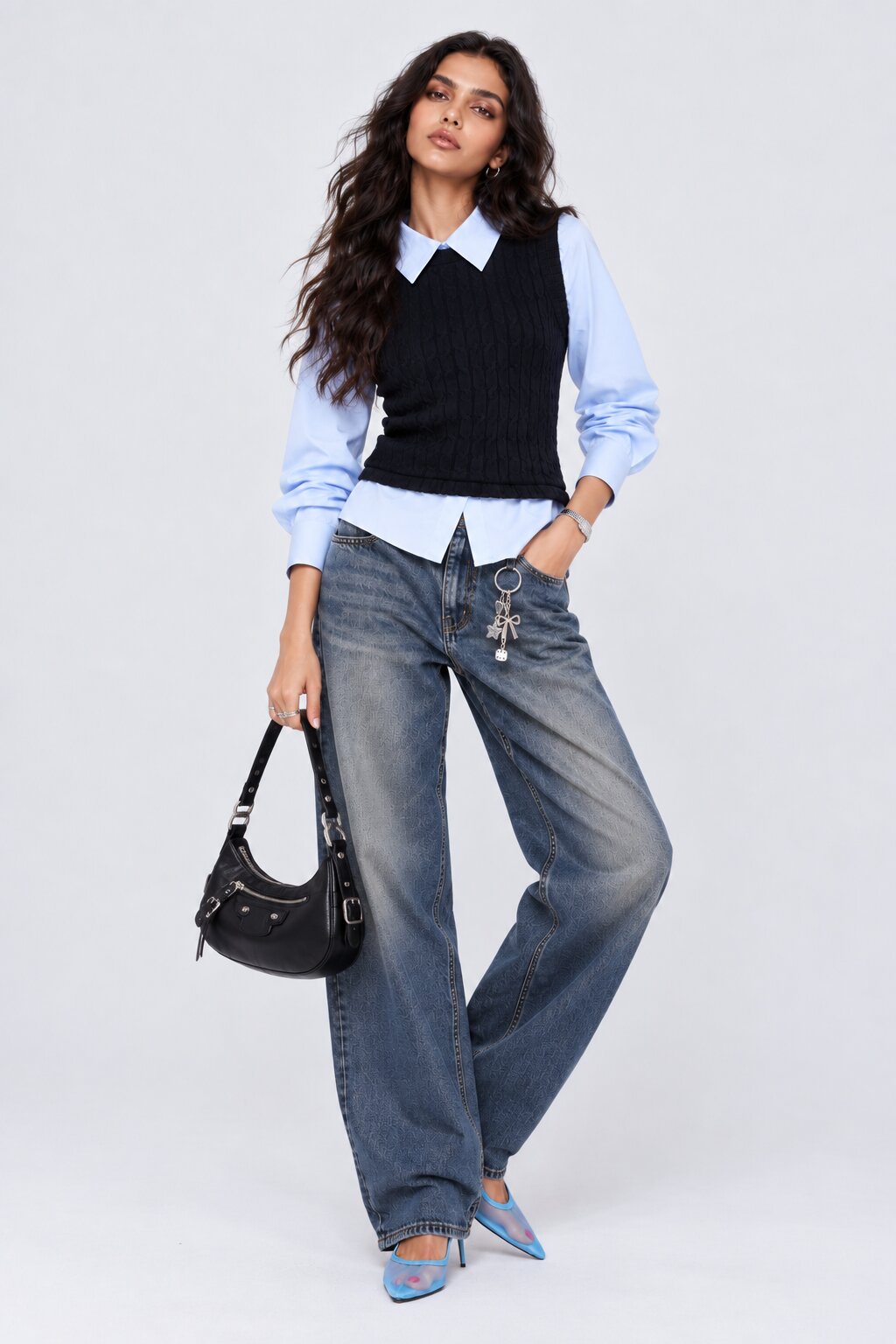 Womens Navy Layered Cable Knit Shirt Vest - Image 6