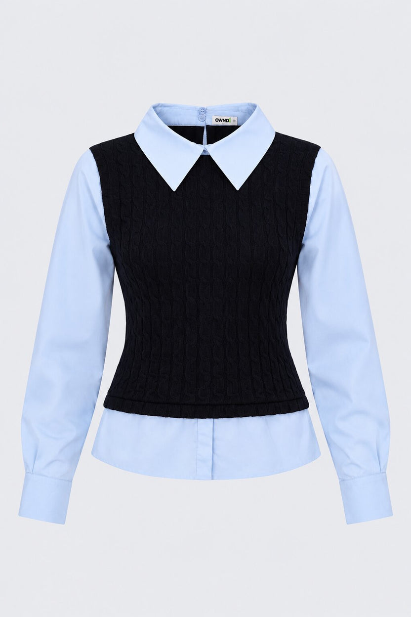 Womens Navy Layered Cable Knit Shirt Vest - Image 7