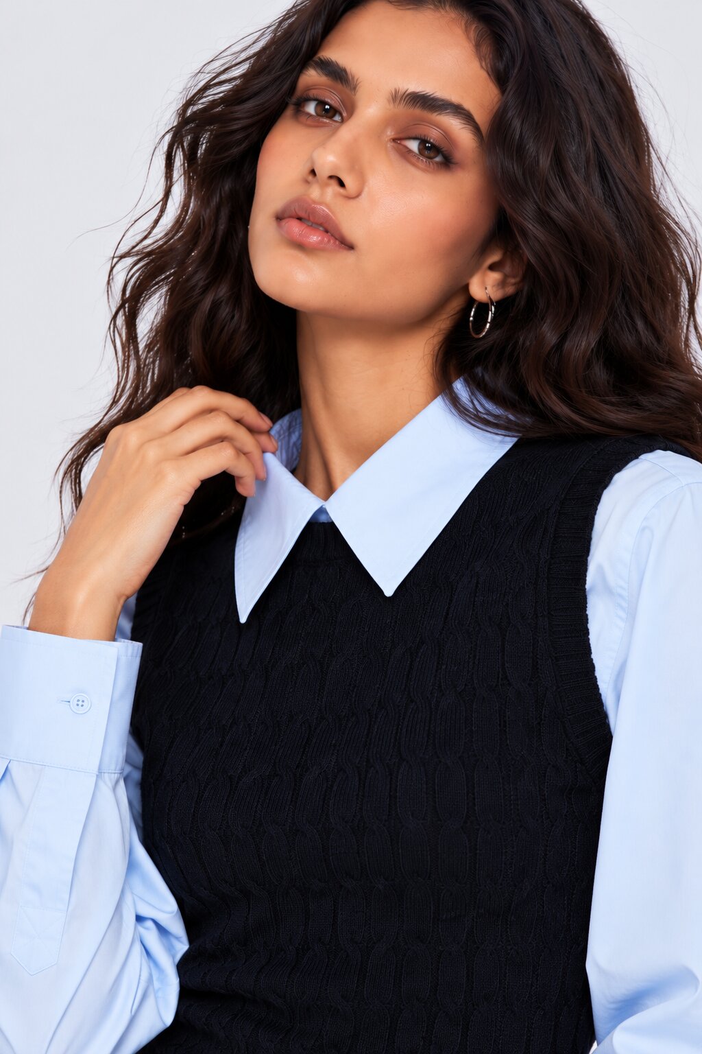 Womens Navy Layered Cable Knit Shirt Vest - Image 9