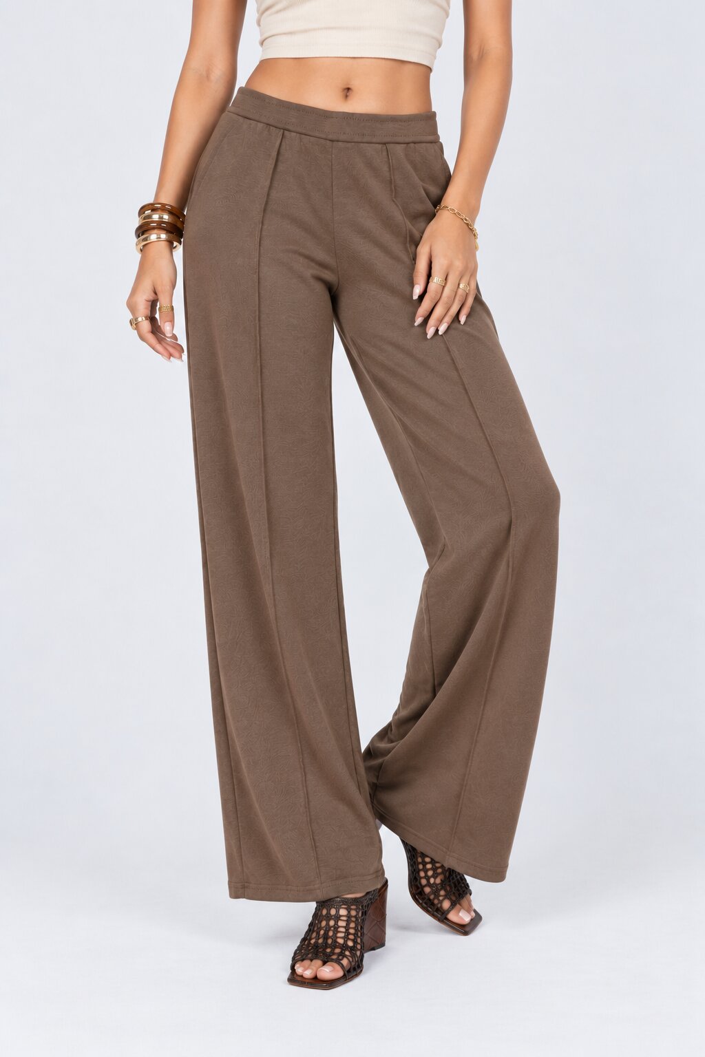 Womens Taupe Solid Knit Pant - Image 2