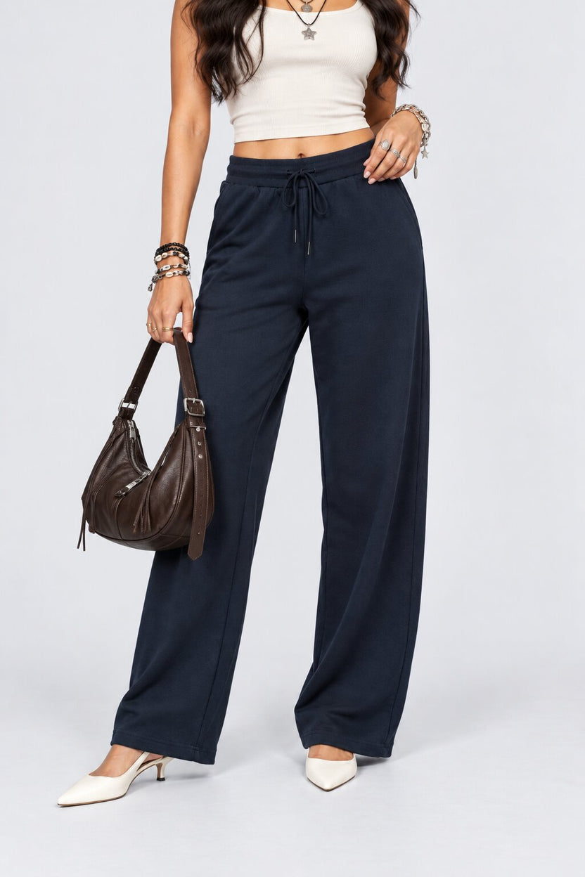 Womens Regular Fit Navy Solid Drawstring Pant - Image 1