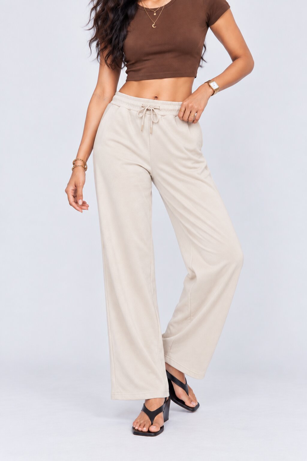 Womens Regular Fit Cream Solid Drawstring Pant - Image 2