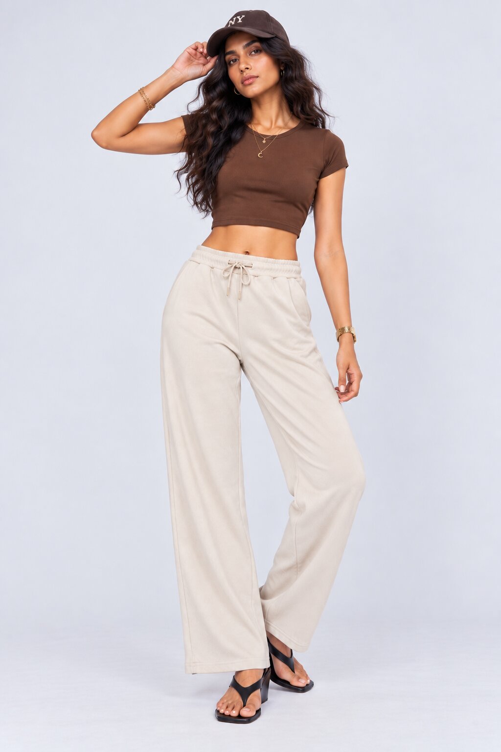 Womens Regular Fit Cream Solid Drawstring Pant - Image 6