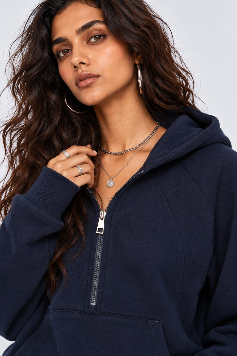 Womens Oversized Navy Solid Half Zip Hooded Top - Image 3