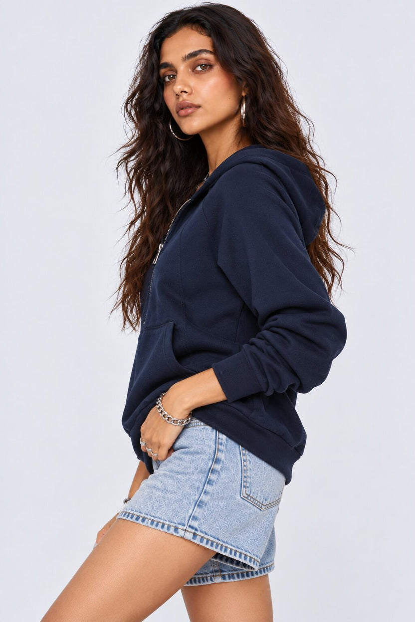 Womens Oversized Navy Solid Half Zip Hooded Top - Image 4