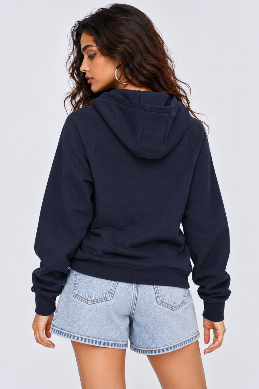 Womens Oversized Navy Solid Half Zip Hooded Top - Image 5