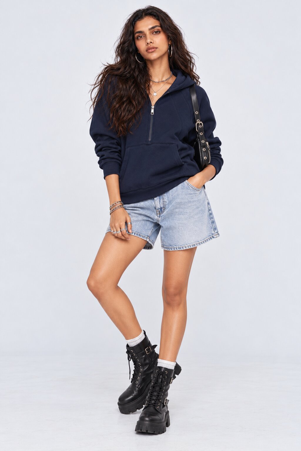 Womens Oversized Navy Solid Half Zip Hooded Top - Image 6