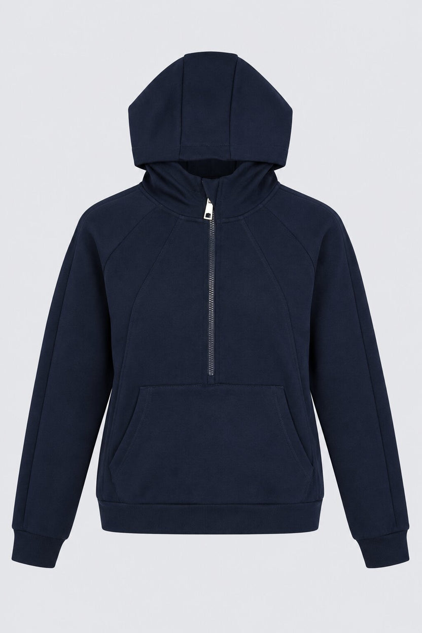 Womens Oversized Navy Solid Half Zip Hooded Top - Image 7