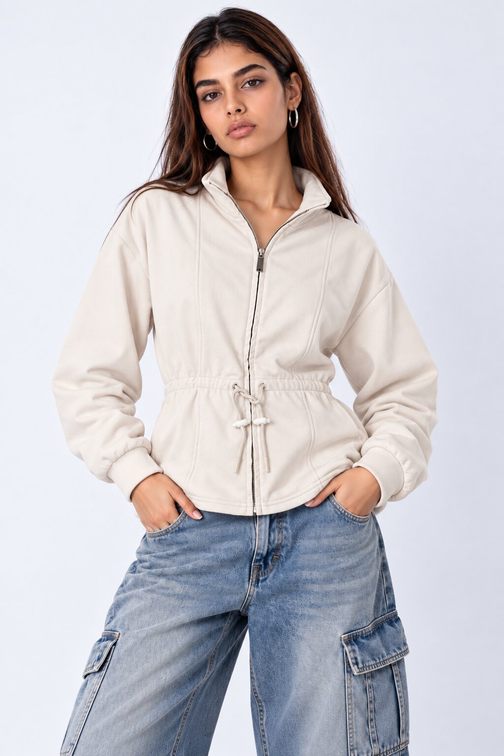 Womens Cream Solid Drawstring Waist Jacket - Image 2