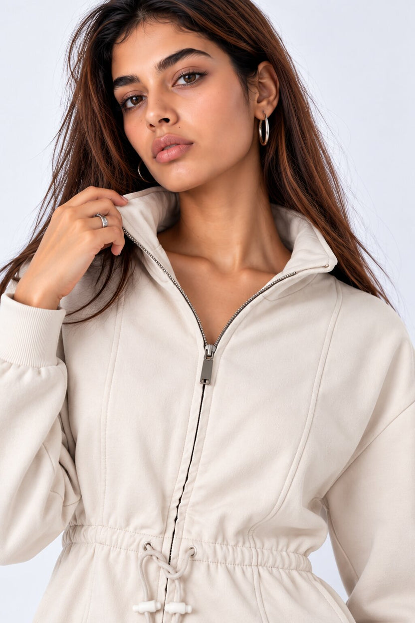 Womens Cream Solid Drawstring Waist Jacket - Image 3