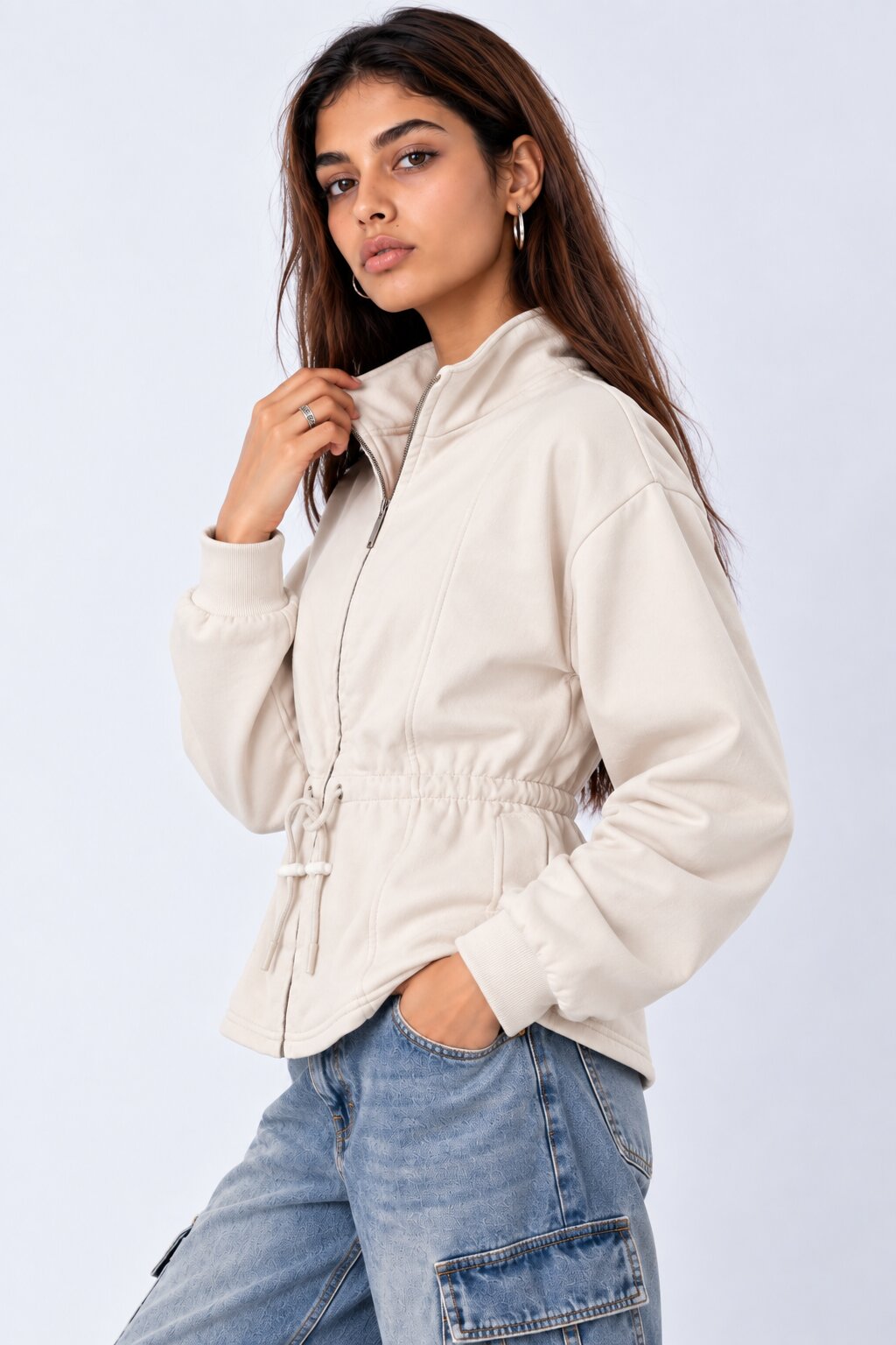 Womens Cream Solid Drawstring Waist Jacket - Image 4