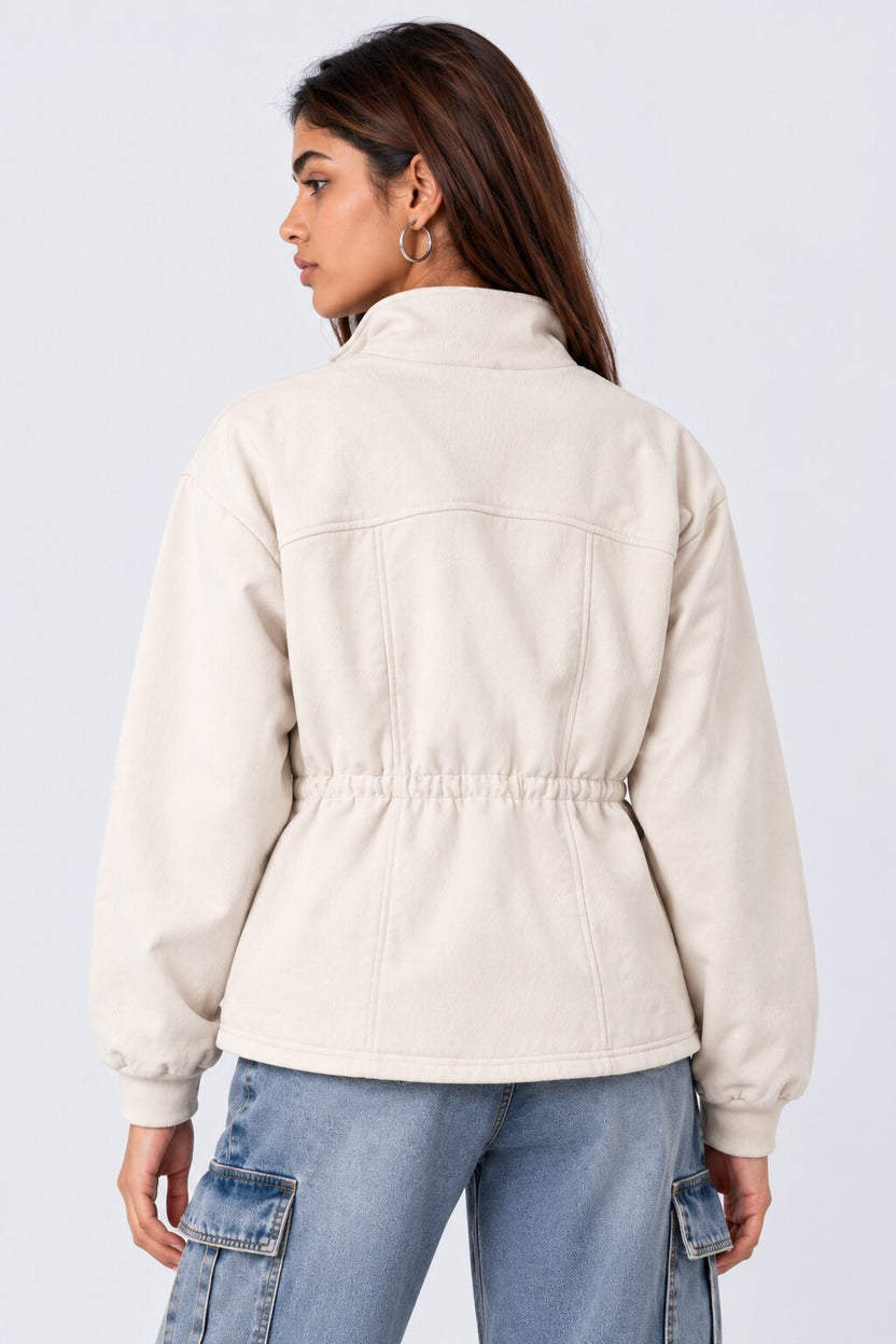 Womens Cream Solid Drawstring Waist Jacket - Image 5
