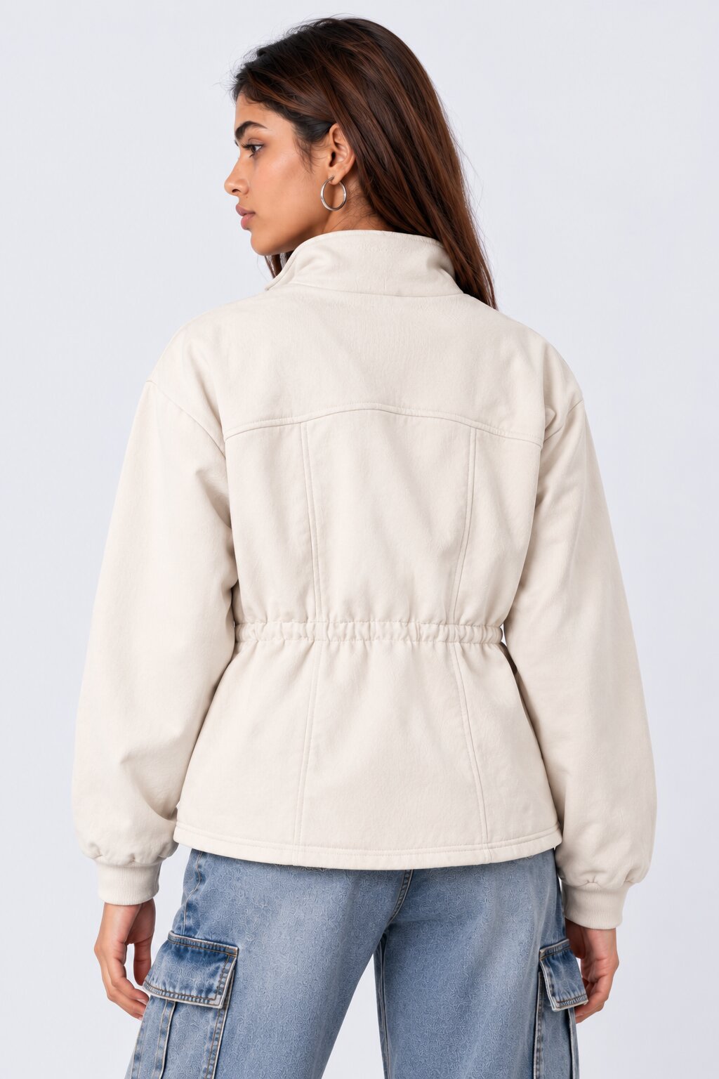 Womens Cream Solid Drawstring Waist Jacket - Image 5