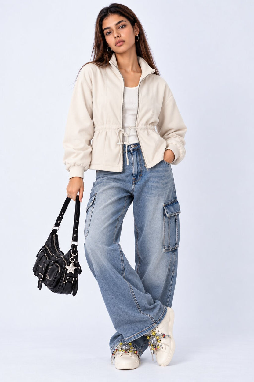 Womens Cream Solid Drawstring Waist Jacket - Image 6