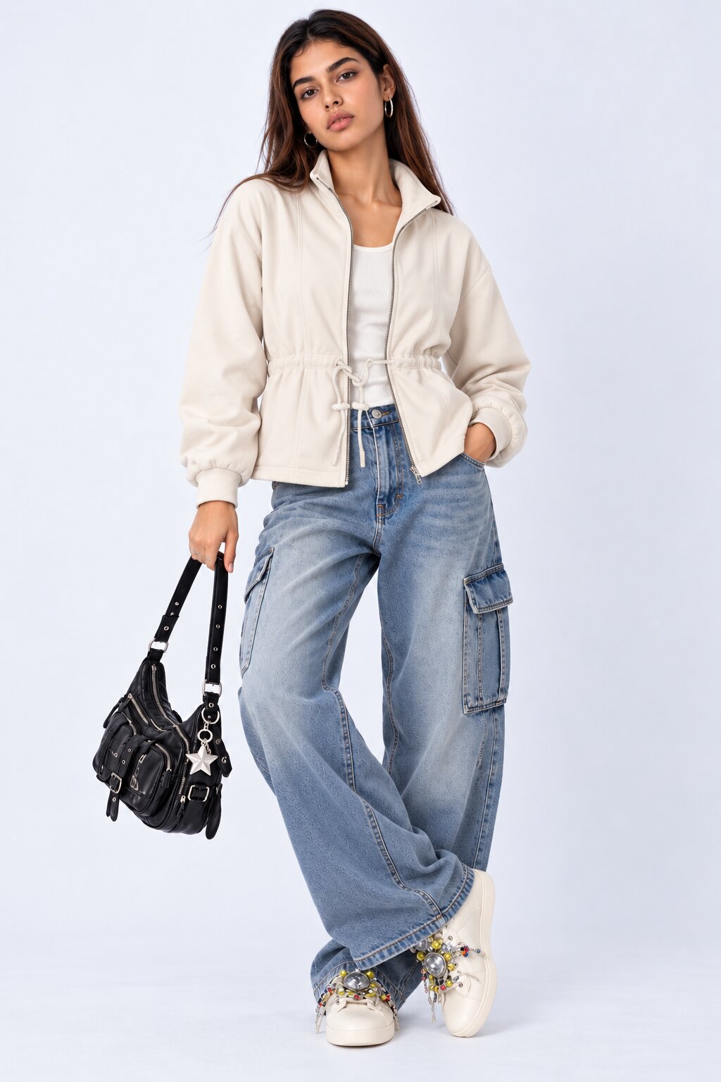 Womens Cream Solid Drawstring Waist Jacket - Image 6