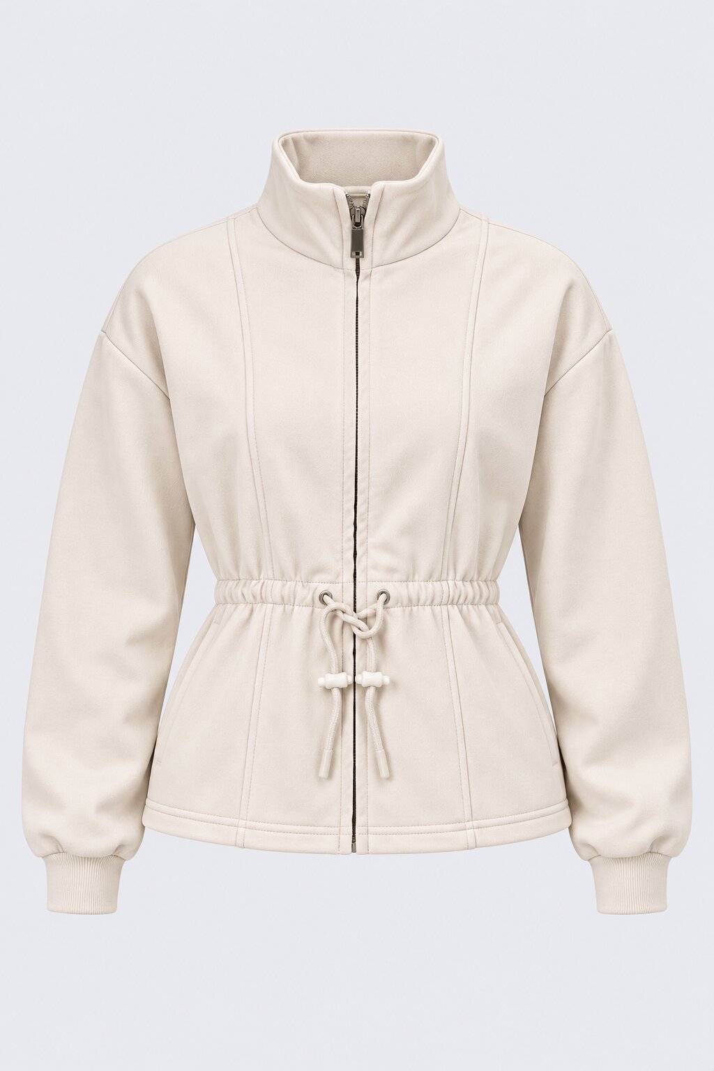Womens Cream Solid Drawstring Waist Jacket - Image 7