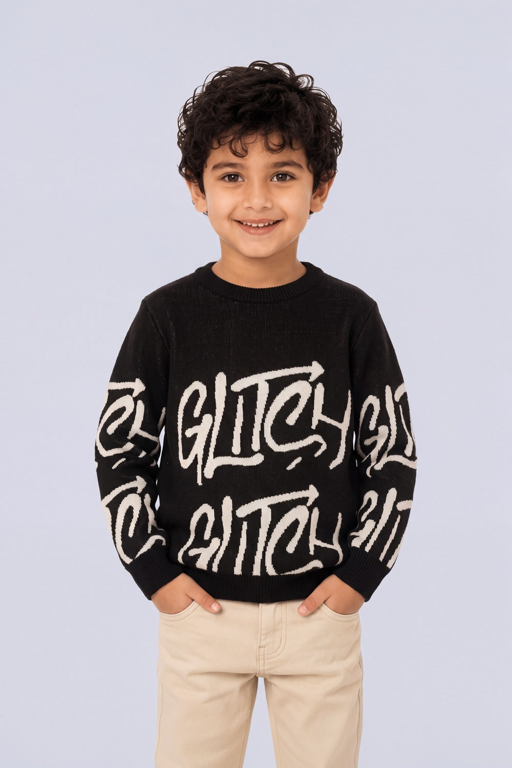 Tweens Boys Black Glitch Typography Knitted Sweater - Image 1