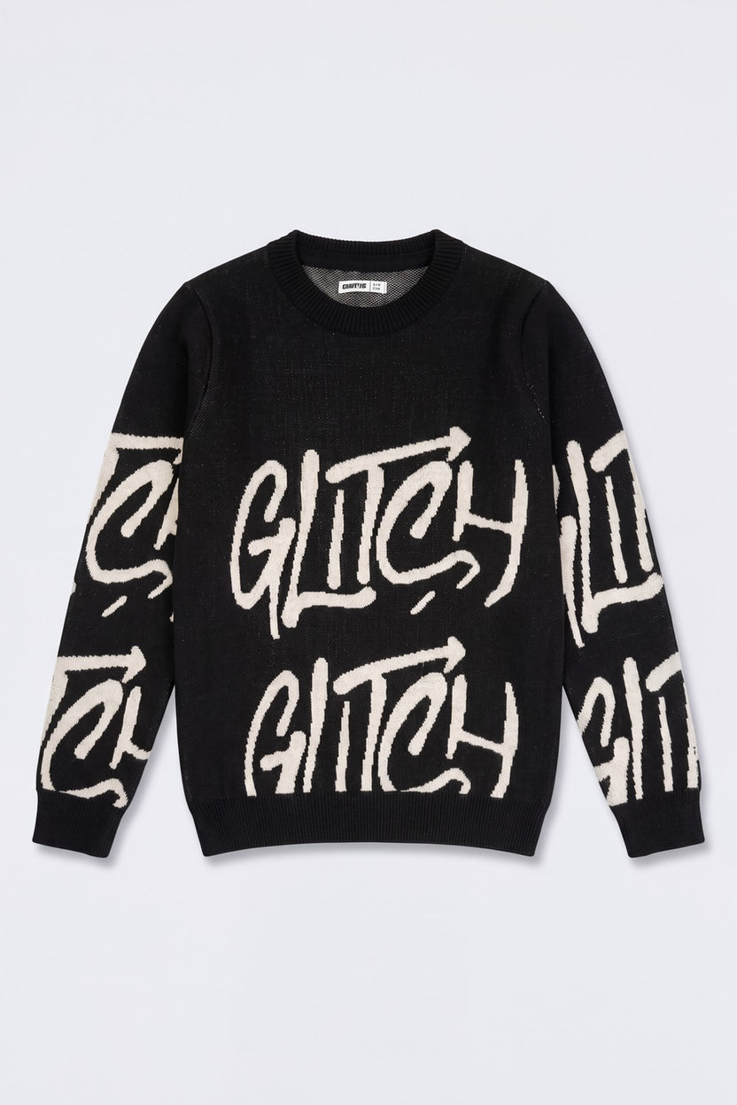 Tweens Boys Black Glitch Typography Knitted Sweater - Image 2