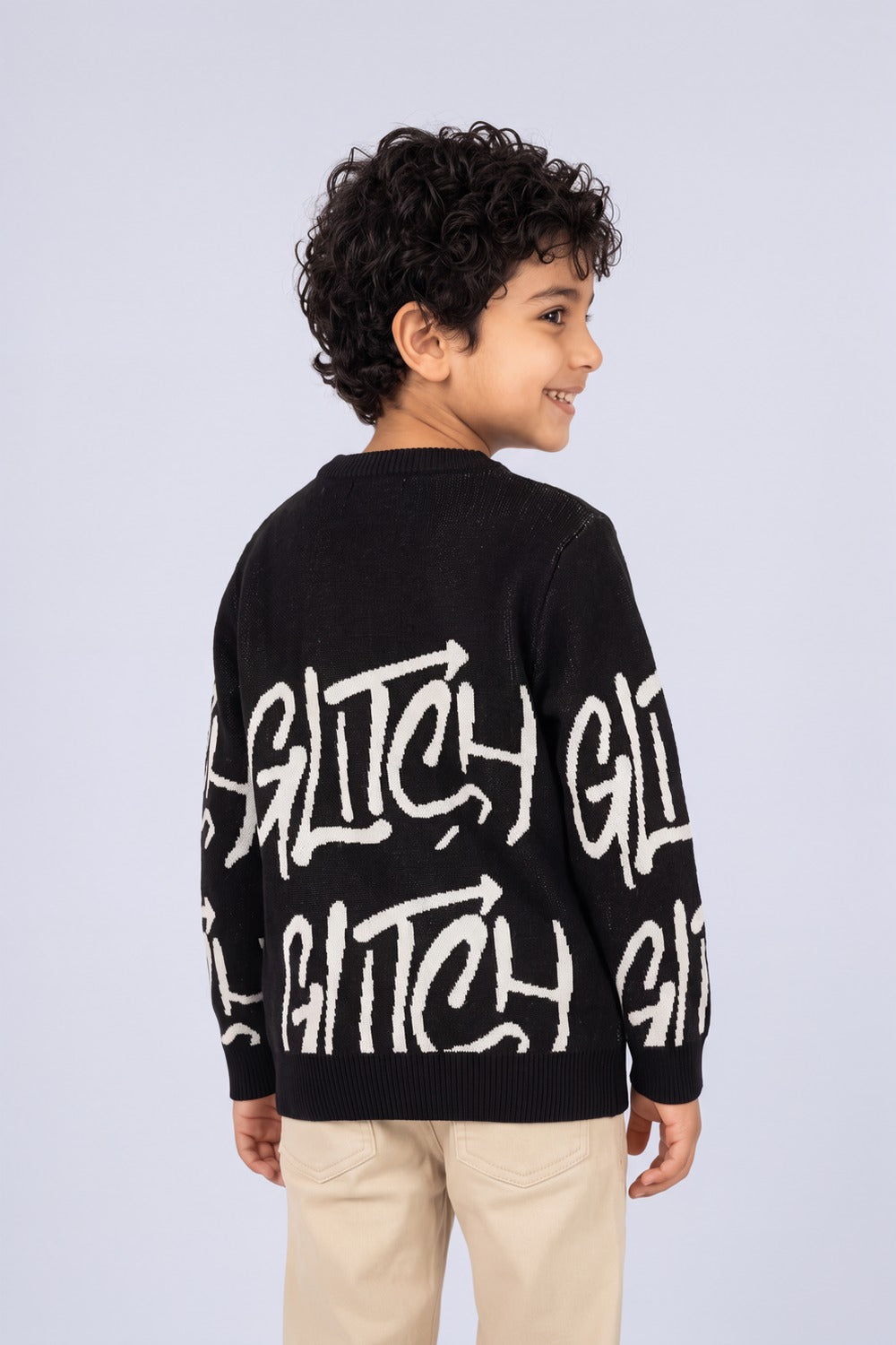 Tweens Boys Black Glitch Typography Knitted Sweater - Image 4