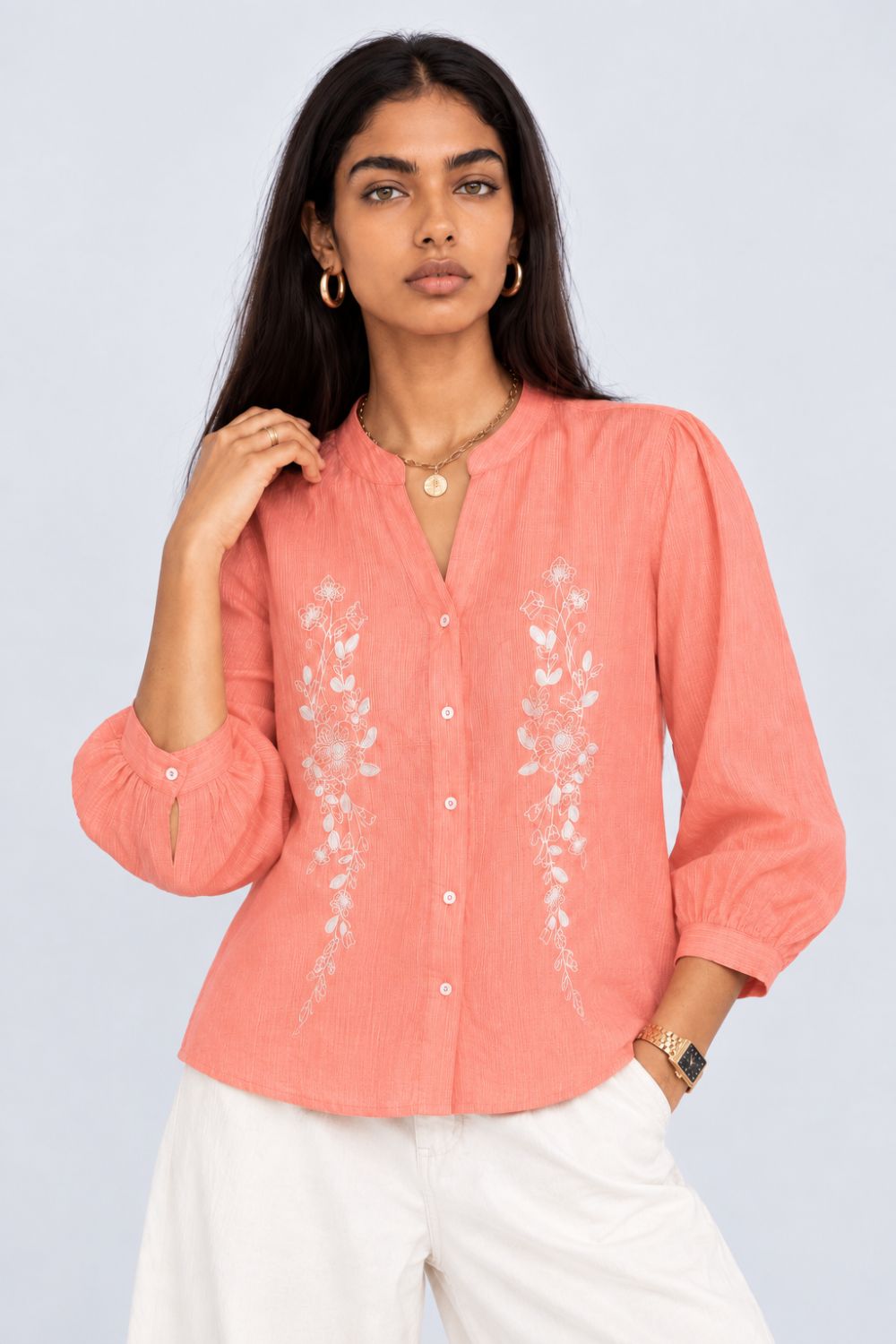 Womens Peach Floral Embroidered Puff Sleeve Tunic - Image 2