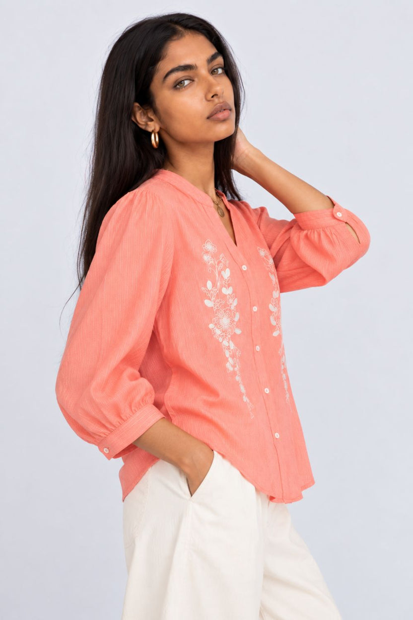 Womens Peach Floral Embroidered Puff Sleeve Tunic - Image 4