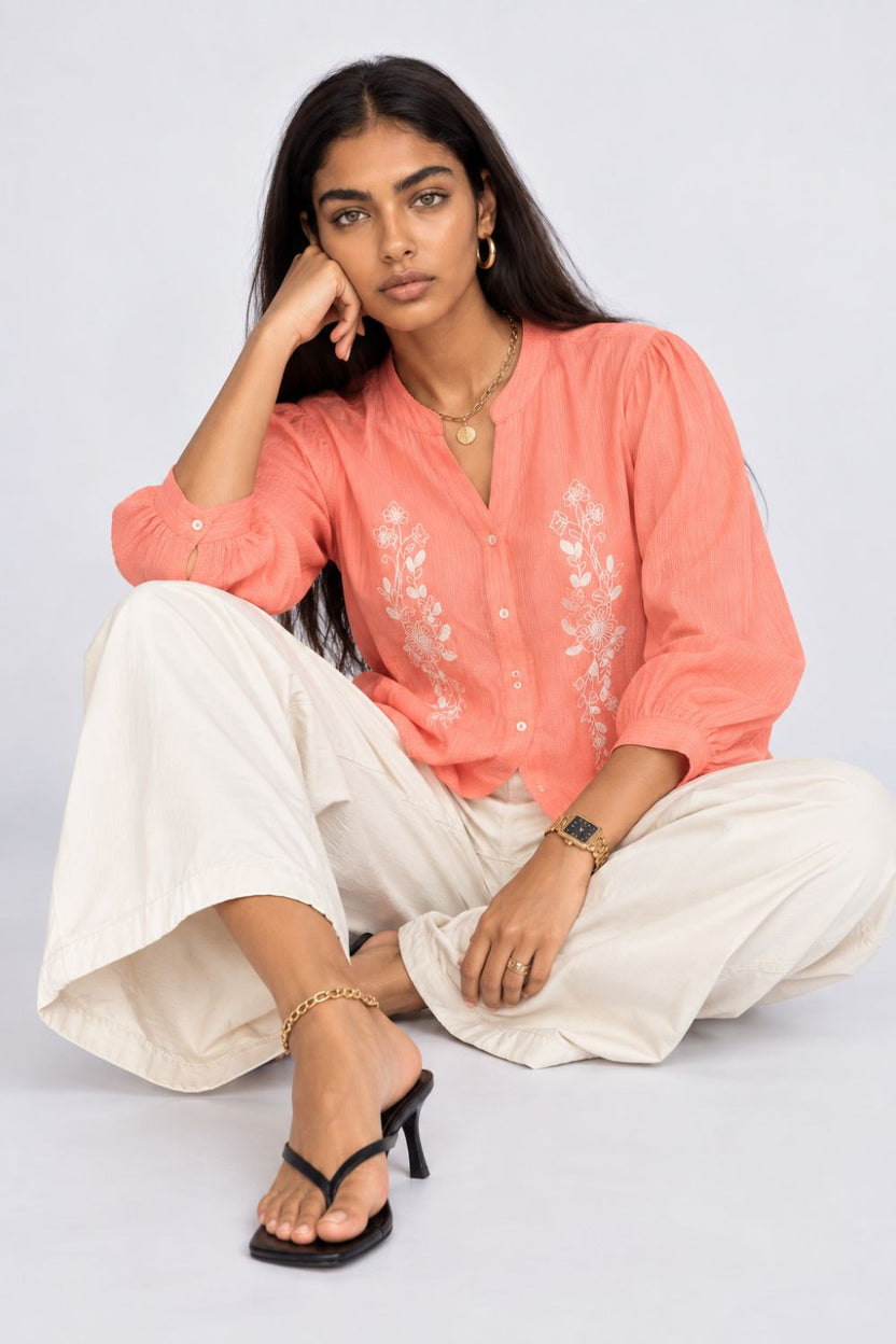 Womens Peach Floral Embroidered Puff Sleeve Tunic - Image 6