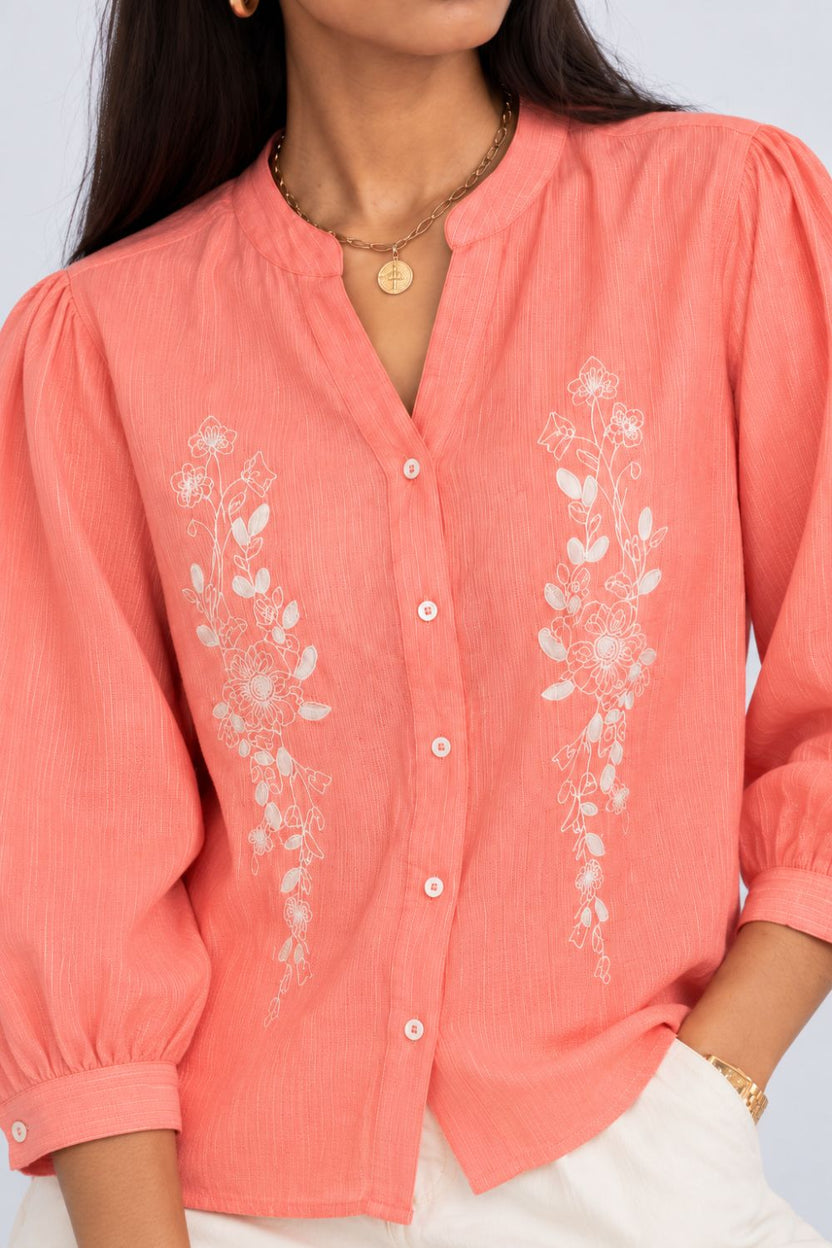 Womens Peach Floral Embroidered Puff Sleeve Tunic - Image 8