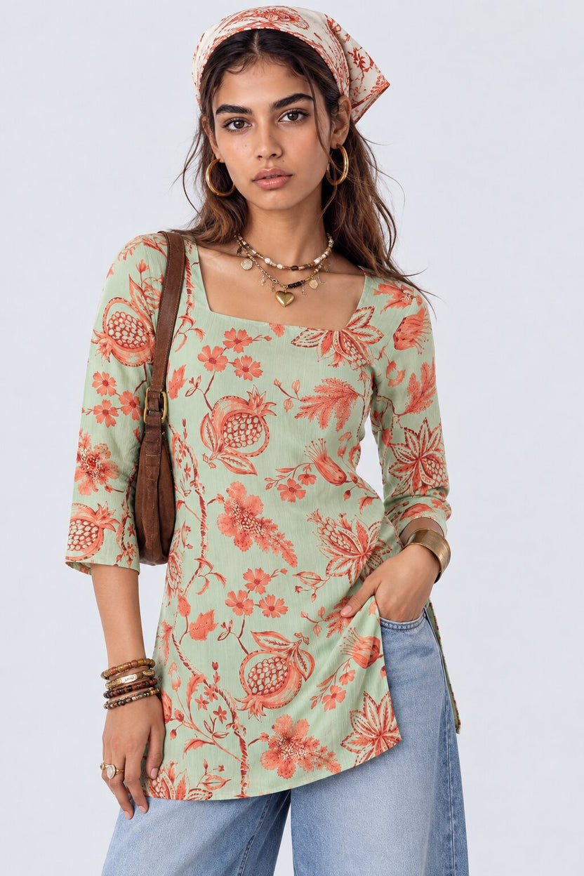 Womens Green Botanical Floral Print Tunic - Image 1