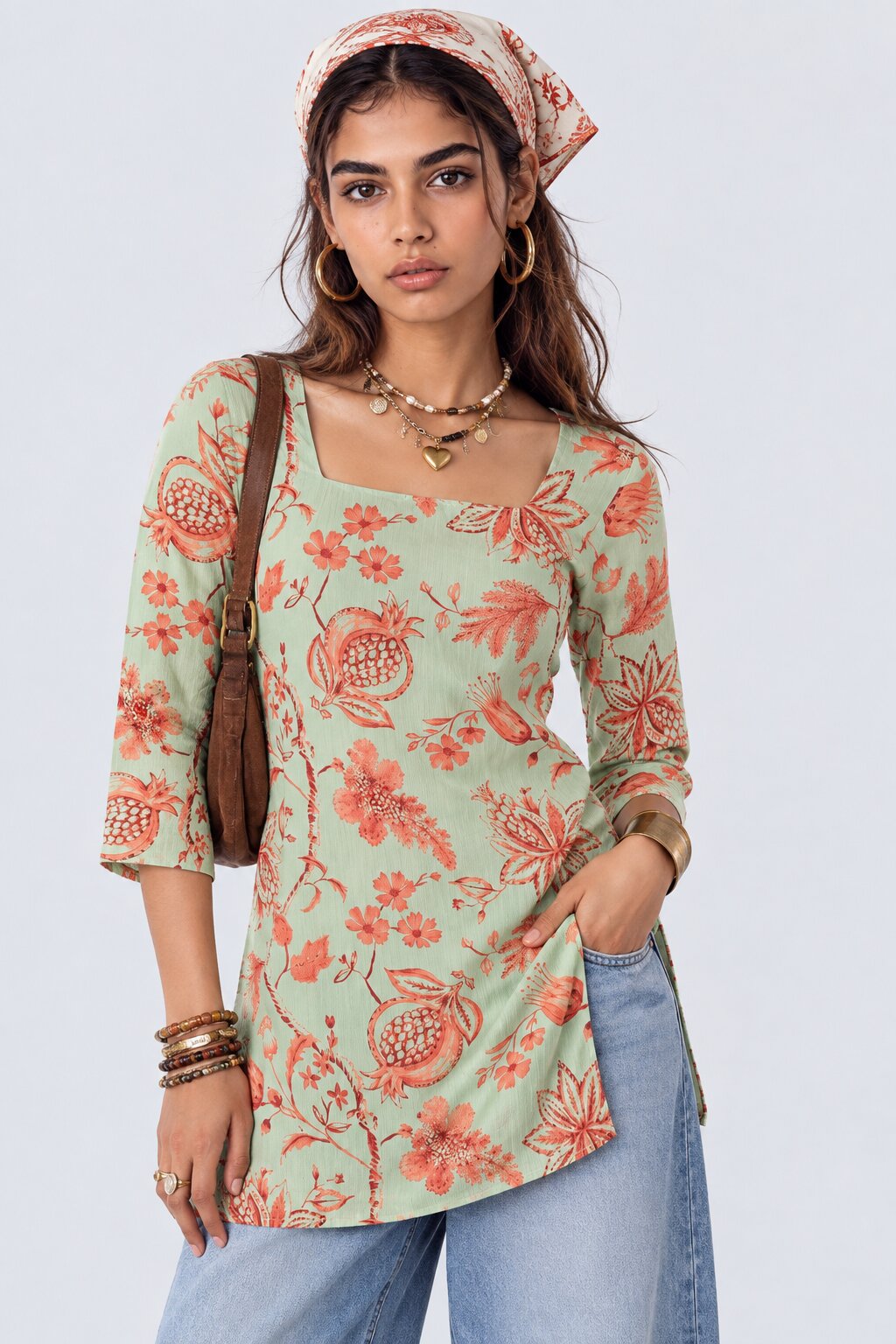 Womens Green Botanical Floral Print Tunic - Image 1
