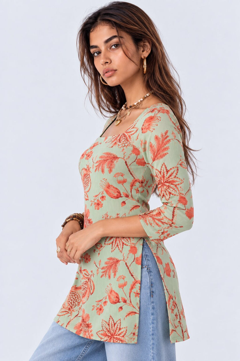 Womens Green Botanical Floral Print Tunic - Image 4