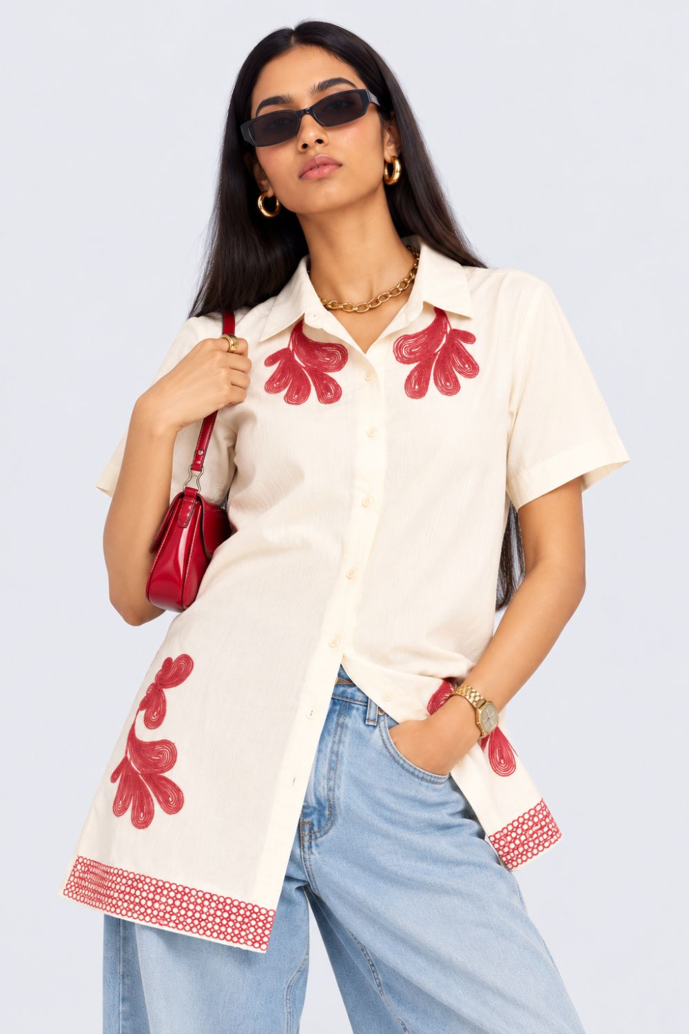 Womens Floral Embroidered Longline Dress - Image 1