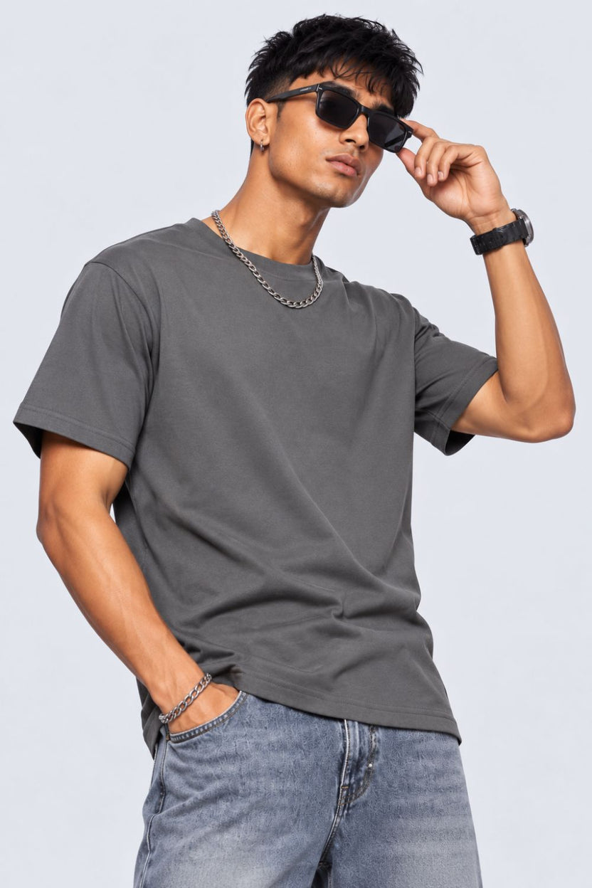 Mens Grey Solid Cotton Blend T-Shirt - Image 1