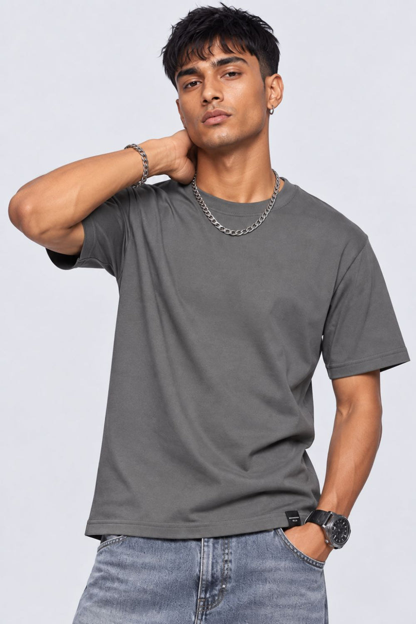 Mens Grey Solid Cotton Blend T-Shirt - Image 2